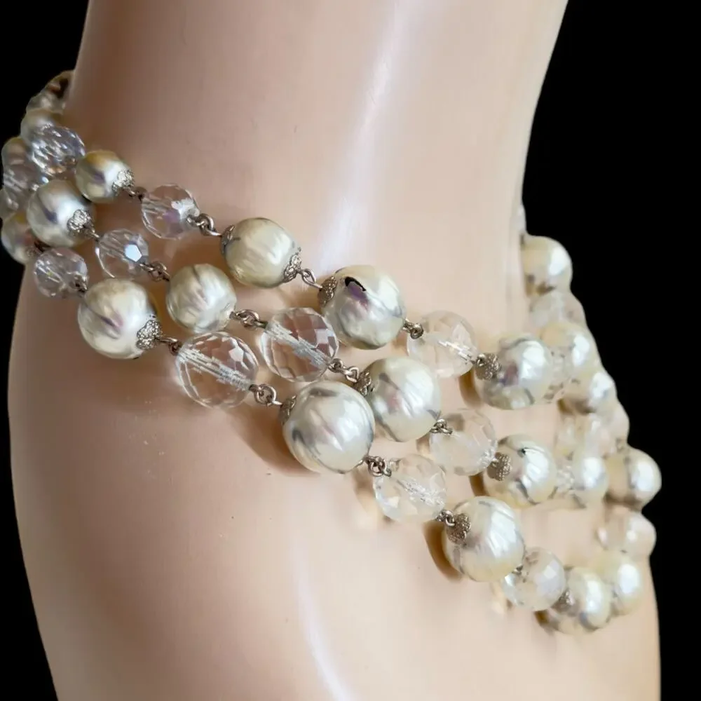 Vintage 1950s 3-Strand Baroque Glass Pearl & Crystal Choker Necklace Rousselet